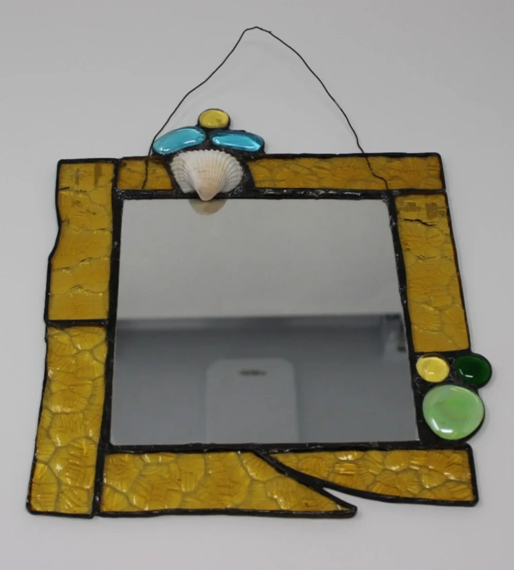 Mary Ann Molinaro Stained Glass Mirror Shell Detail Vintage Amber Yellow Art